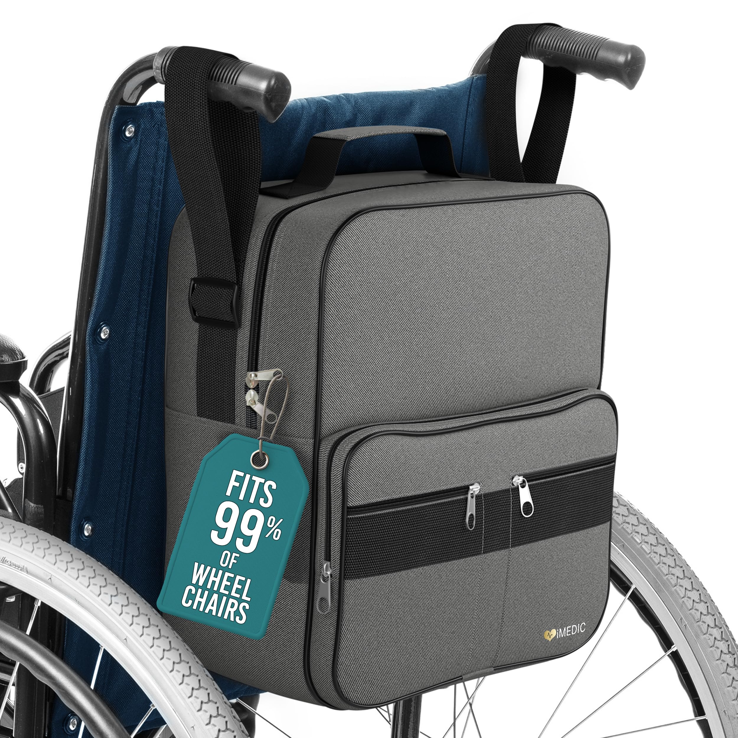 Photo 1 of iMedic Deluxe Wheelchair Bag – Storage Backpack for Adults – Hangs Securely on Wheelchair Back – Organiser for Mobility & Electric Wheelchairs – Grey