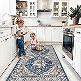 Washable 4x8 Hallway Runner Rug: Vintage 8ft Soft Runners for Entry Kitchen Wide Low Pile Carpet with Non-Slip Backing for Living Room Bedroom Thin Bathroom Carpet for Dining Room Foyer(4x8,Blue