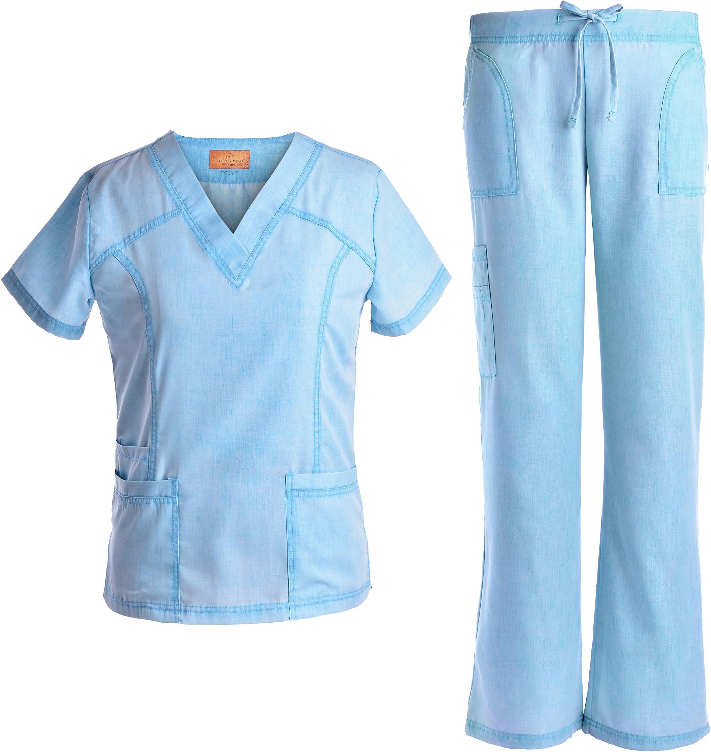 Jeanish V Neck Scrubs Set Superior Softness Washed Lady Women Scrubs Workwear Top and Pants JS1605