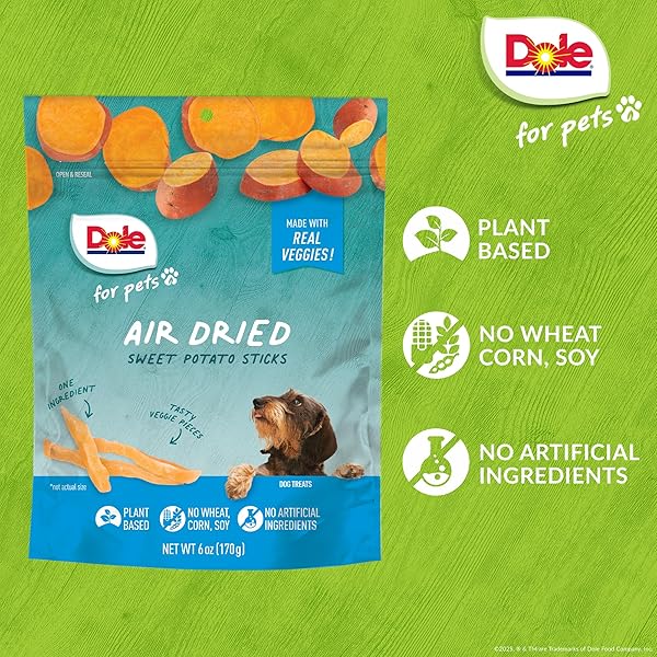 DOLE FOR PETS AIR DRIED SWEET POTATO DOG TREATS, SINGLE INGREDIENT DOG TREATS MADE WITH REAL SWEET POTATO, NO WHEAT, CORN, SOY, ARTIFICIAL FLAVORS, COLORS, OR PRESERVATIVES, 6 OZ