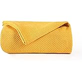BOUTIQUO 100% Cotton Bed Blanket, Breathable Thermal Full - Queen Size, Soft Honeycomb Waffle Blanket 90'x90', Perfect for Layering Any Bed for All Season, Mustard Yellow