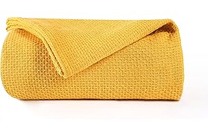 BOUTIQUO 100% Cotton Bed Blanket, Breathable Thermal Blanket King Size, Soft Honeycomb Waffle Blanket 90"x102", Cotton Bed Blanket, Perfect for Layering Any Bed for All Season, Mustard Yellow