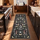 GarveeHome 2x6 Cat Washable Runner Rug for Kitchen, Soft Black Hallway Runner Non Slip Mushroom Moths Entryway Rug Floral Laundry Mat Stain Resistant Carpet for Bedroom Bathroom Beside Rug