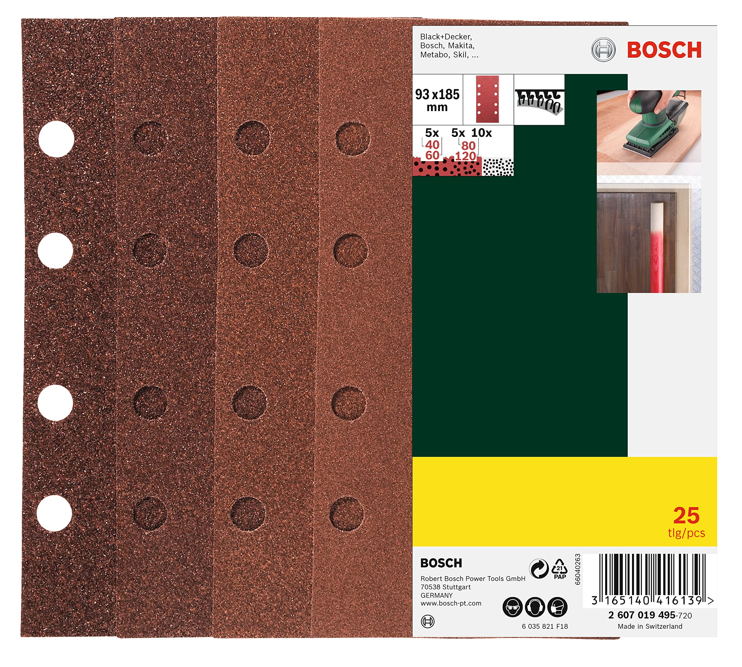 Bosch 25-Piece Sanding Sheet Set (Different Materials, Grit Size 40/60/80/120, 8 Holes, Accessories for Orbital Sander)