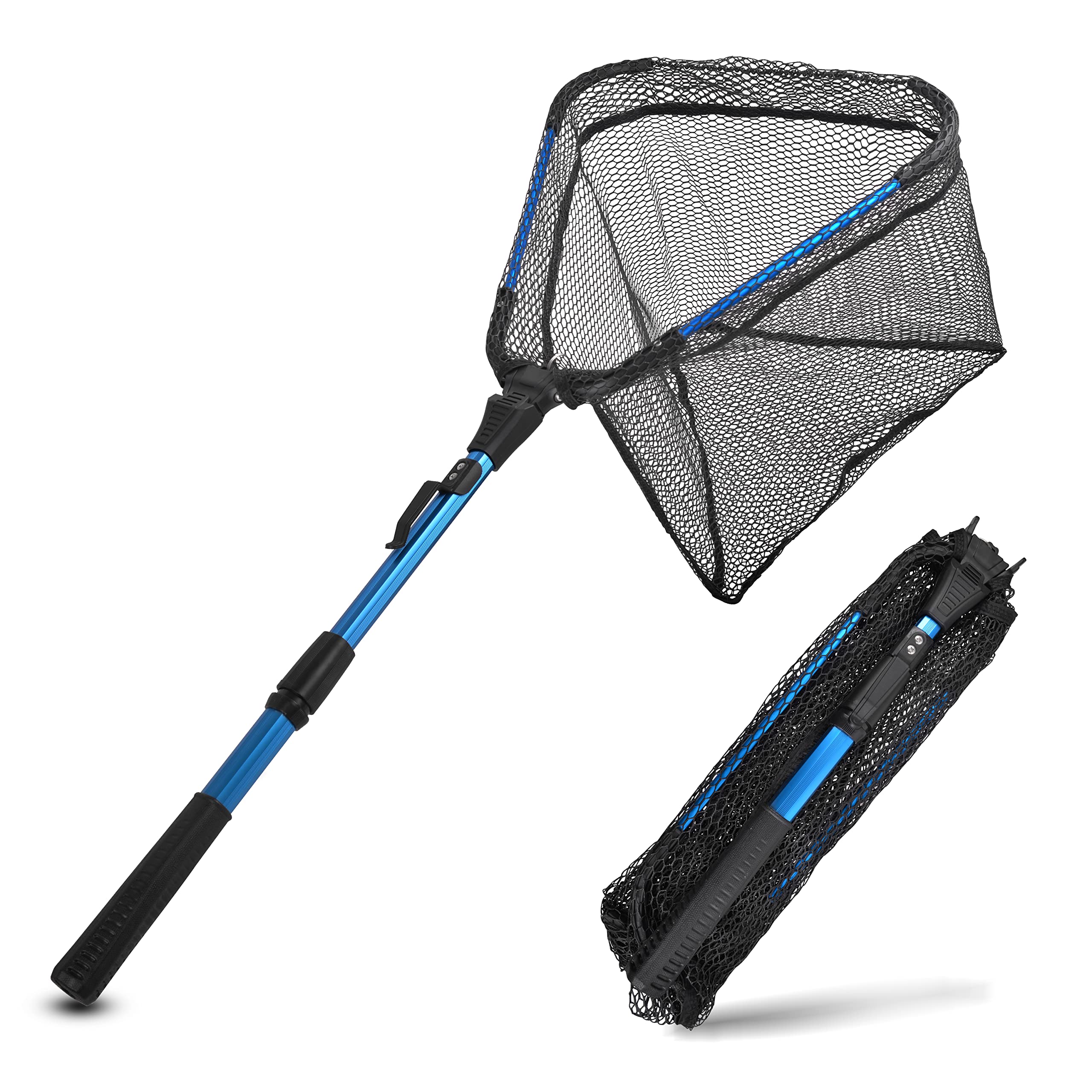 Folding Fishing Landing Net Collapsible Dip Net Telescopic Pole Extensible Fishing Net for Kayak Boat Saltwater Freshwater Safe Fish Catching or Releasing (Blue, 37in/93cm Full - Telescopic Pole)