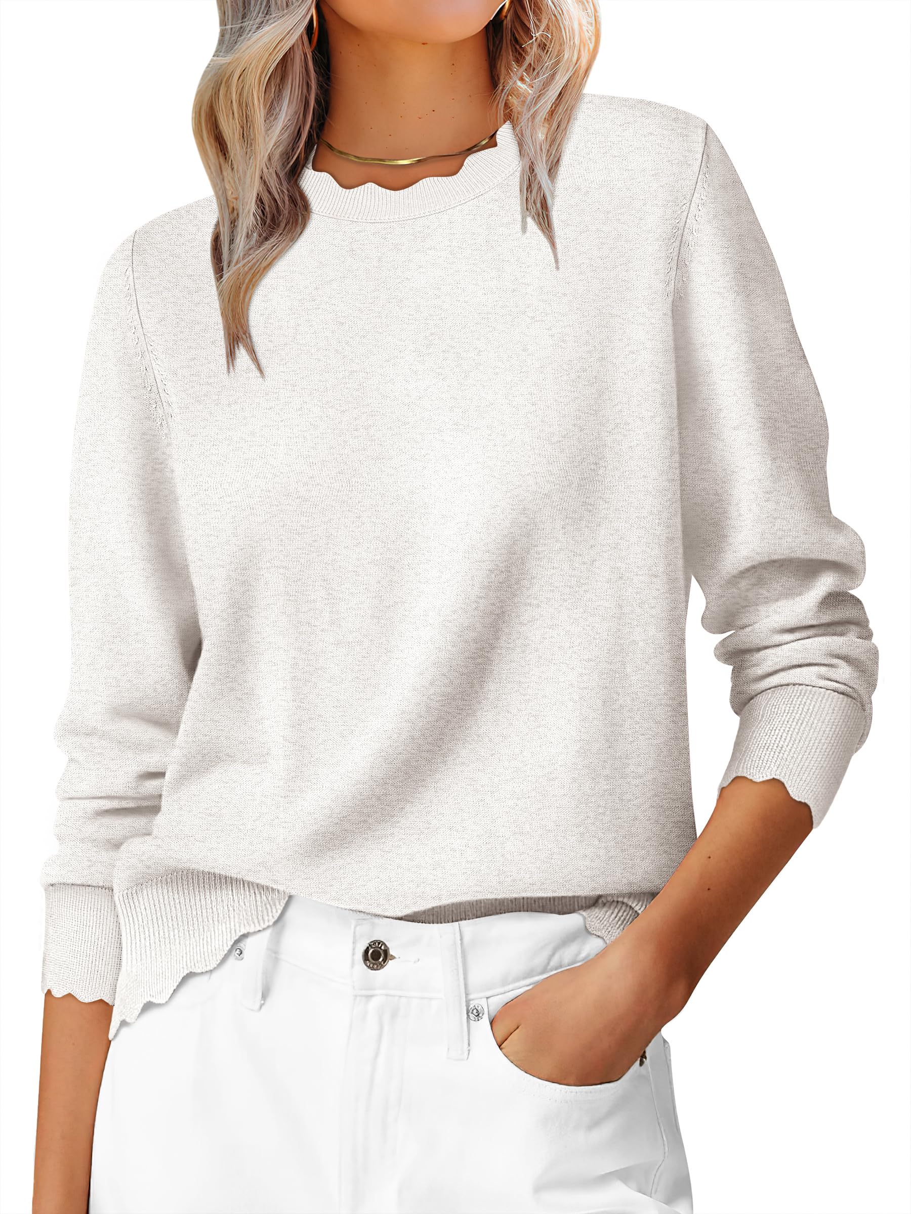 Photo 1 of *USED*
ANRABESS Womens Long Sleeve Sweaters Loose Fit Lightweight Scalloped Knit Soft Dressy Pullover Tops 2025 Fall Casual Outfits White Medium