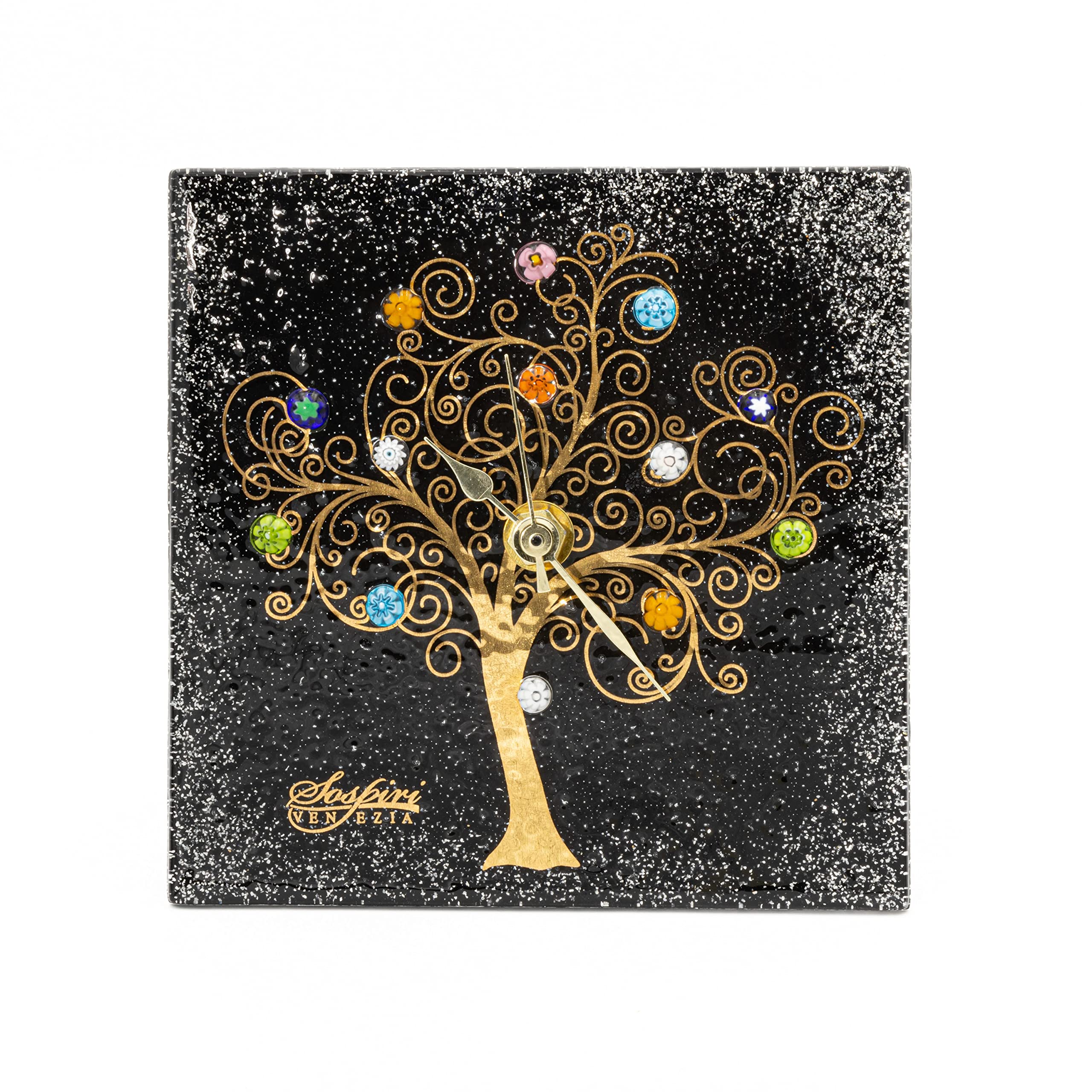 Sospiri Venezia Table Clock Murano Glass Silent Mechanism Decorated with Murrines and Gold Leaf Gift Handmade Made in Italy (19x19)