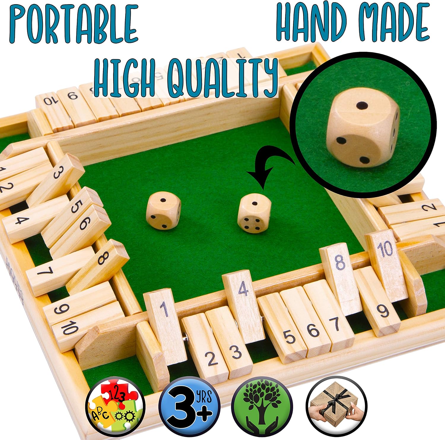 Jaques of London Wooden Shut the Box Game 4 Player, Green, Medium - Image 3