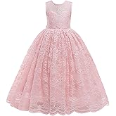 Glamulice Full Lace Flower Girls Dress Long A Line Bridesmaid Wedding Tulle Dresses Birthday Formal Party Ball Gown