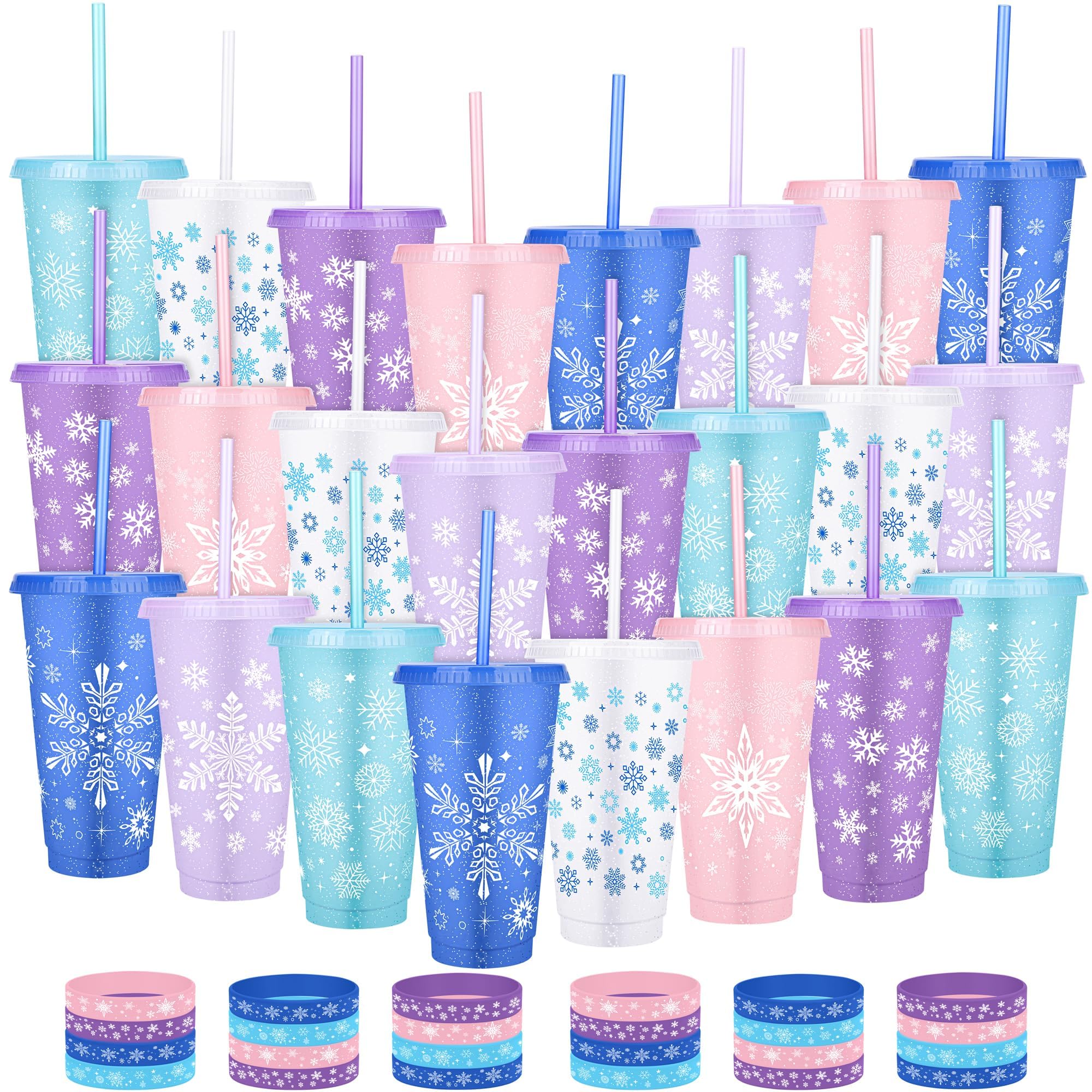 Photo 1 of Kochorie 48 Pieces Snowflake Party Favors Cups Set 24 Oz 24 Frozen Themed Cups with Lids & Straws 24 Silicone Bracelets Reusable Plastic Tumblers for Winter Theme Holiday Birthday Party Supplies