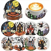 KYOQFVN 8Pcs Halloween Diamond Art Painting Coasters Kits, Horror Castle Coaster with Holder for Adults, DIY Dot Paint Craft Kits for Home Decor Arts Craft