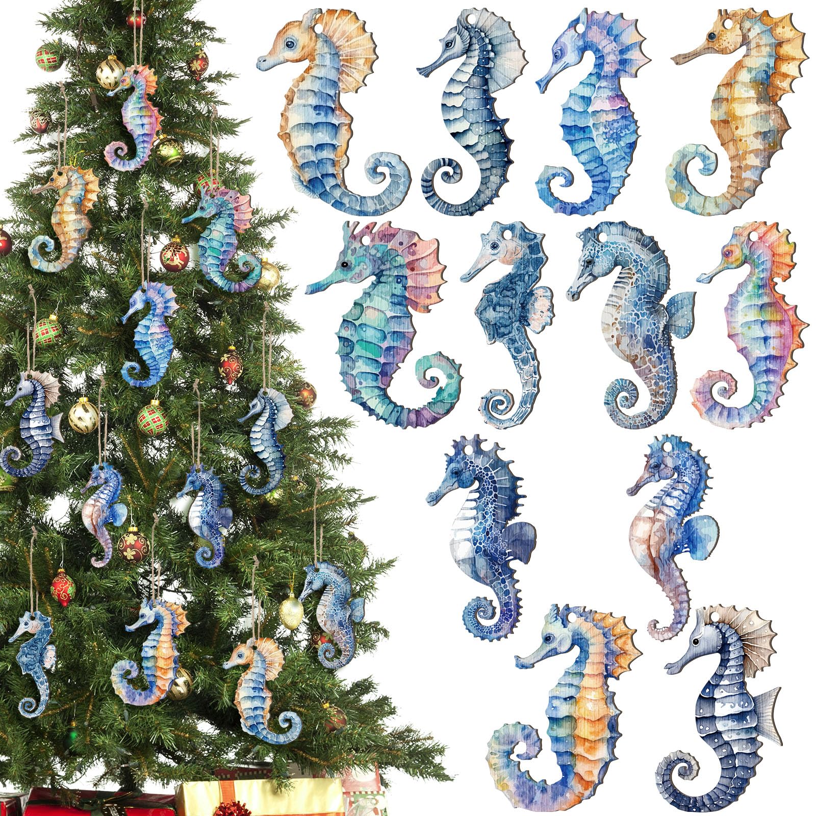 Photo 1 of Thyle 24 Pcs Seahorse Christmas Ornament Seahorse Christmas Tree Hanging Ornament Wood Beach Decorations Sea with Hanging Ropes for Xmas Tree Fireplace, 12 Styles