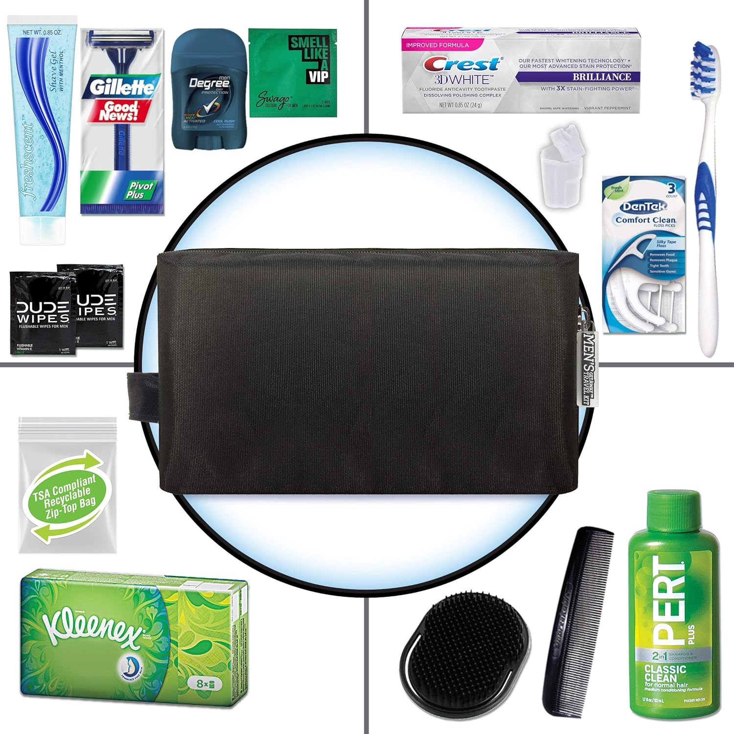 Convenience Kits International Men’s Premium 15 Piece Assembled Travel Kit Featuring: Gillette Disposable Razor and Crest Toothpaste : Toiletry Bags : Beauty
