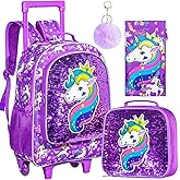 AGSDON 3PCS Rolling Backpack for Girls Boys, Kids Roller Wheels Bookbag, Wheeled School Bag with Lunch Bag