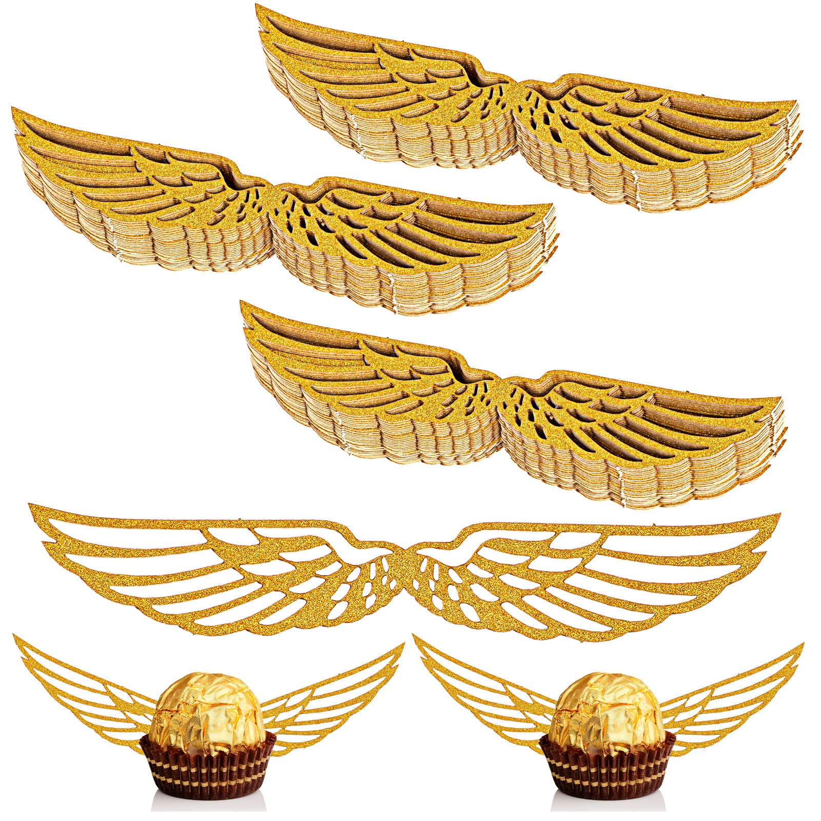 Photo 1 of 100 Pcs Wizard Party Chocolate Decoration Golden Wings Cake Topper Chocolate Frogs Cupcake Toppers Chocolate Decoration for Birthday Wizard Theme Party Supplies
