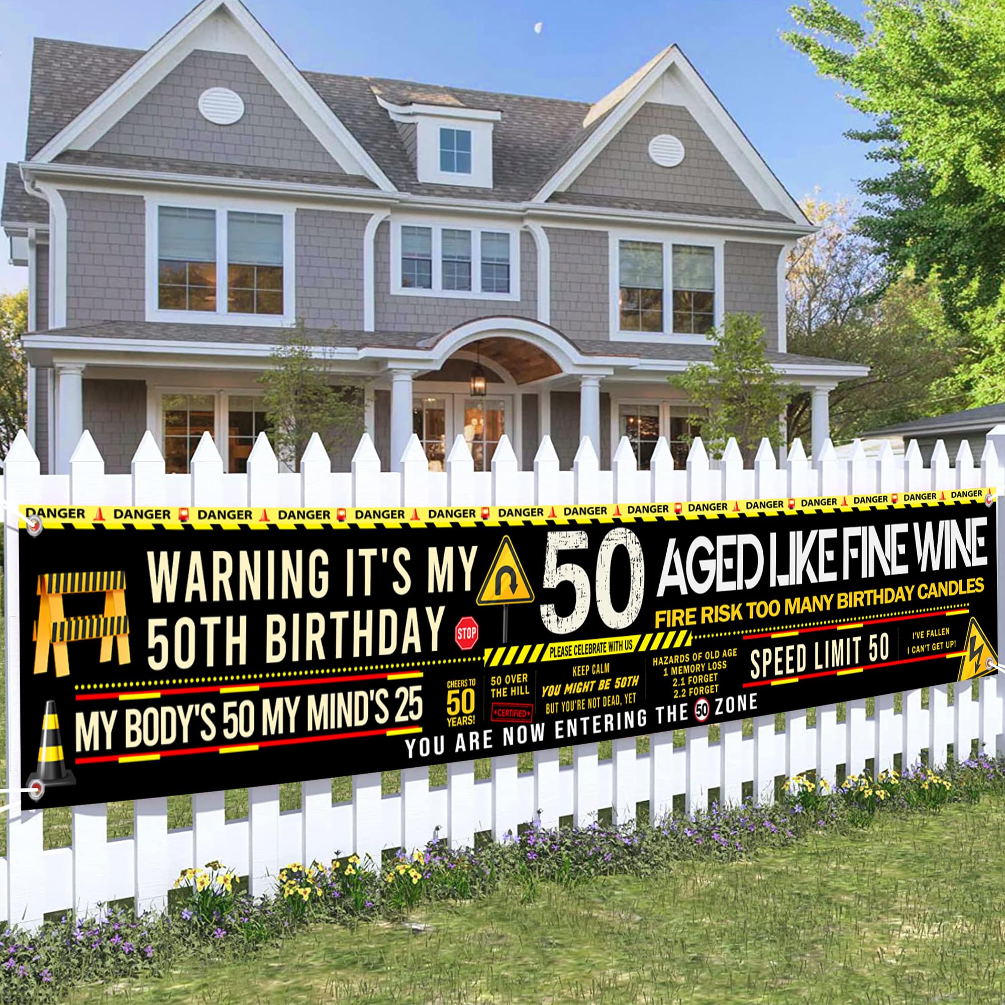 Photo 1 of 50th Birthday Banner Decorations for Men- Over The Hill Caution Garden Party Outdoor Yard Sign, It's My 50th Birthday Supplies 118 x 20 Inches Funny 50 Year Old Bday Decor