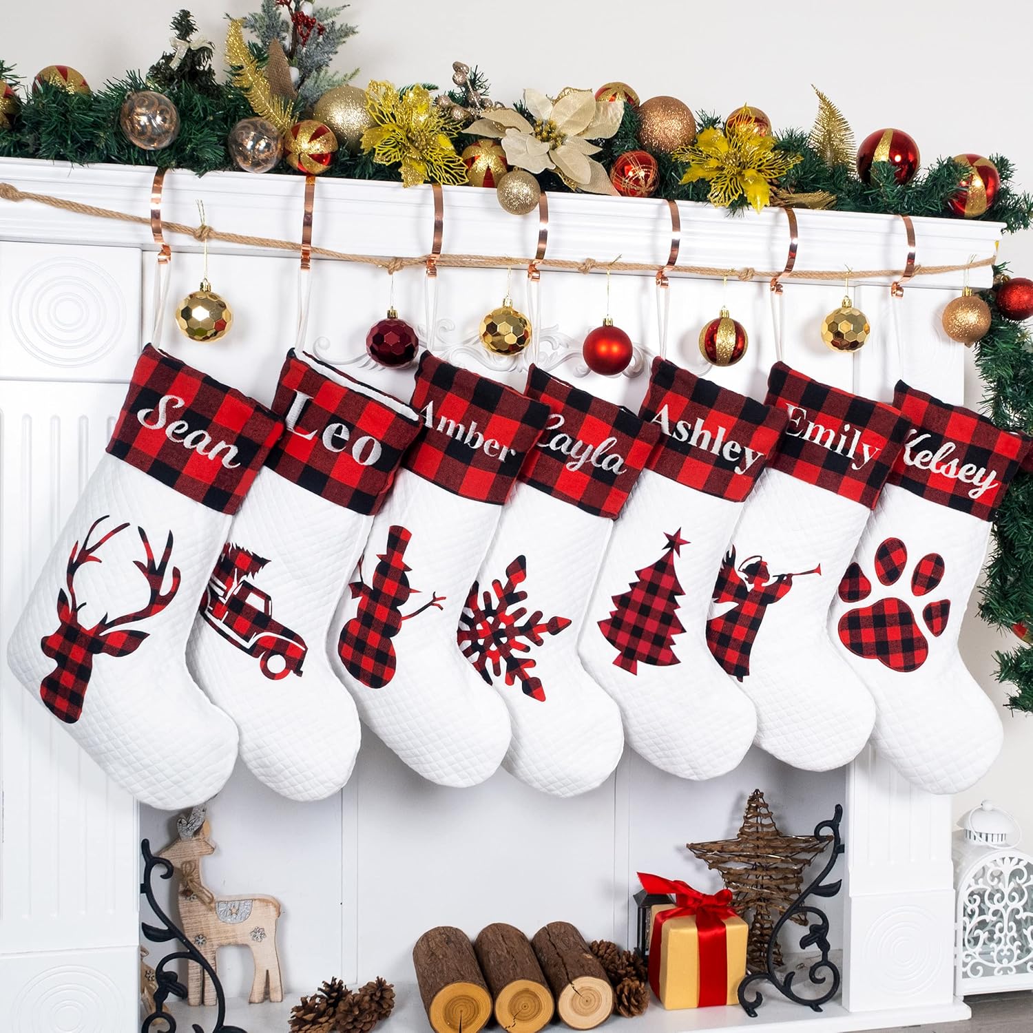 Stockings & Holders - LUBOT 3 Pack Personalized Christmas Stocking(20inch) Silhouette Buffalo Red Plaid/Rustic/Farmhouse/Country Fireplace Hanging Xmas Stockings Decorations for Family Holiday Season