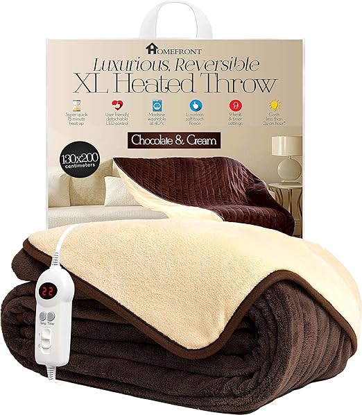 Homefront Electric Heated Throw / Over Blanket in Chocolate/Cream XL