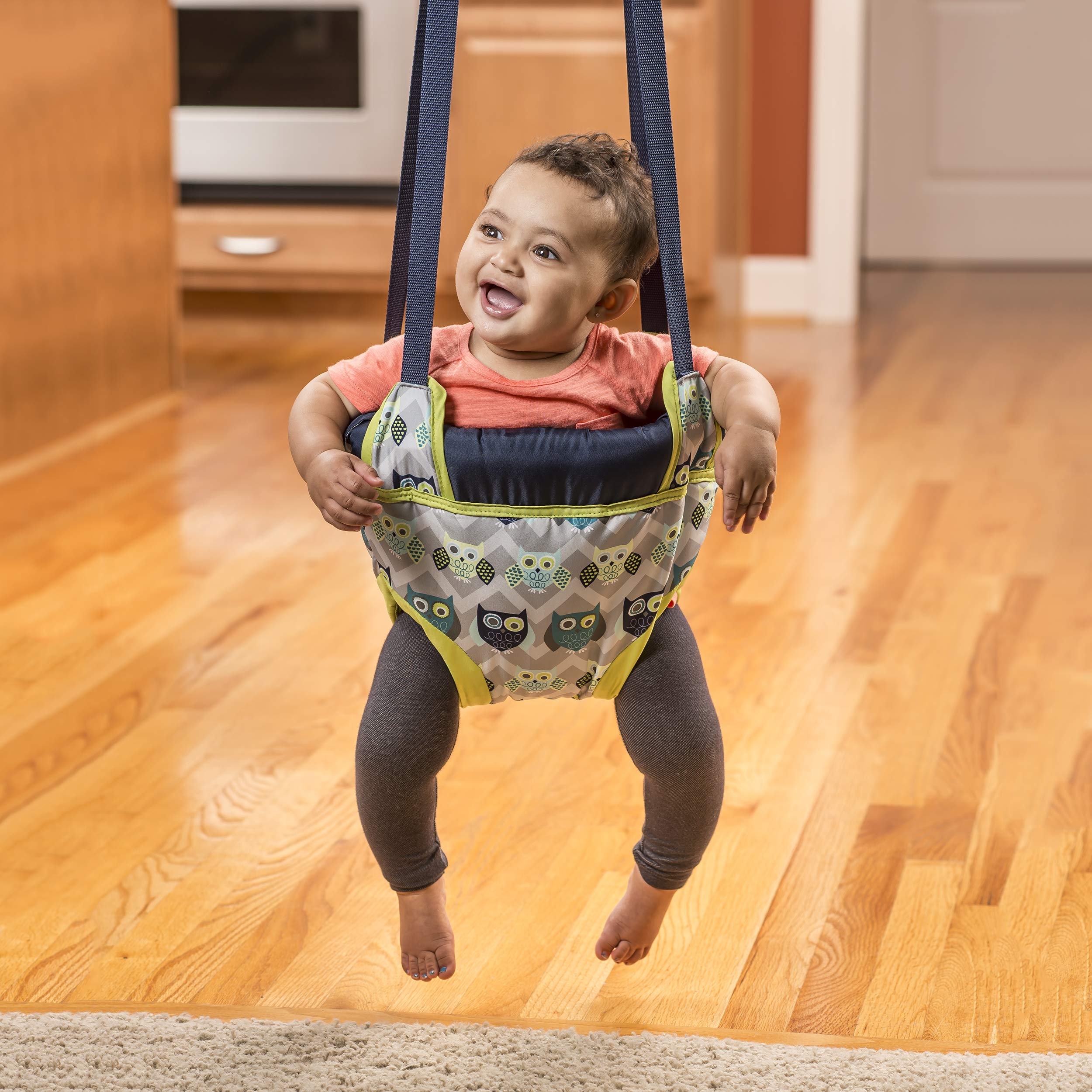 Evenflo Exersaucer Johnny Jumper Featuring Easy-to-Use Clamp Attachment for Quick and Tool-Free Set Up and Adjustable Straps to Customize the Height for Your Child, Owl