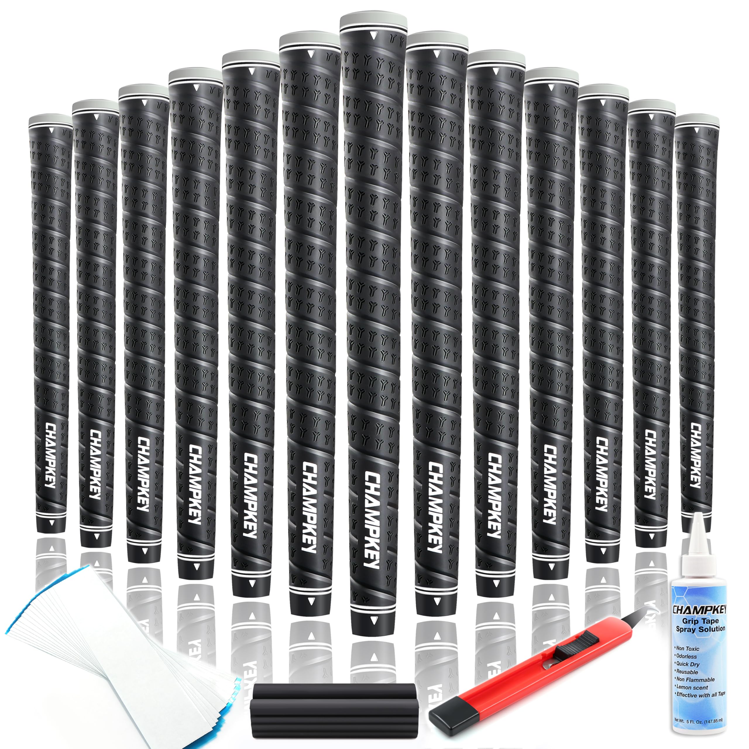 CHAMPKEY WRAP-Y Rubber Golf Grips 13 Pack with All Repair Kits | All Weather Performance Golf Club Grips | High Traction Golf Rubber Grip with Texture Control Technology (Black, Midsize) — image 1