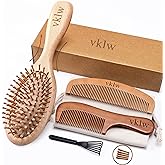 vklw Wooden Hair Brush and Comb, One-piece Design, Reduce Frizz and Static, Massage Scalp, Detangling Paddle Hairbrush for Women, Girls, Kids, Includes Cleaning Claw, 5 Wood Bristles