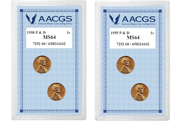 American Coin Treasures 1958 Lincoln Wheat Pennies P&D Graded MS64 + 1959 Lincoln Memorial Pennies P&D Graded MS64