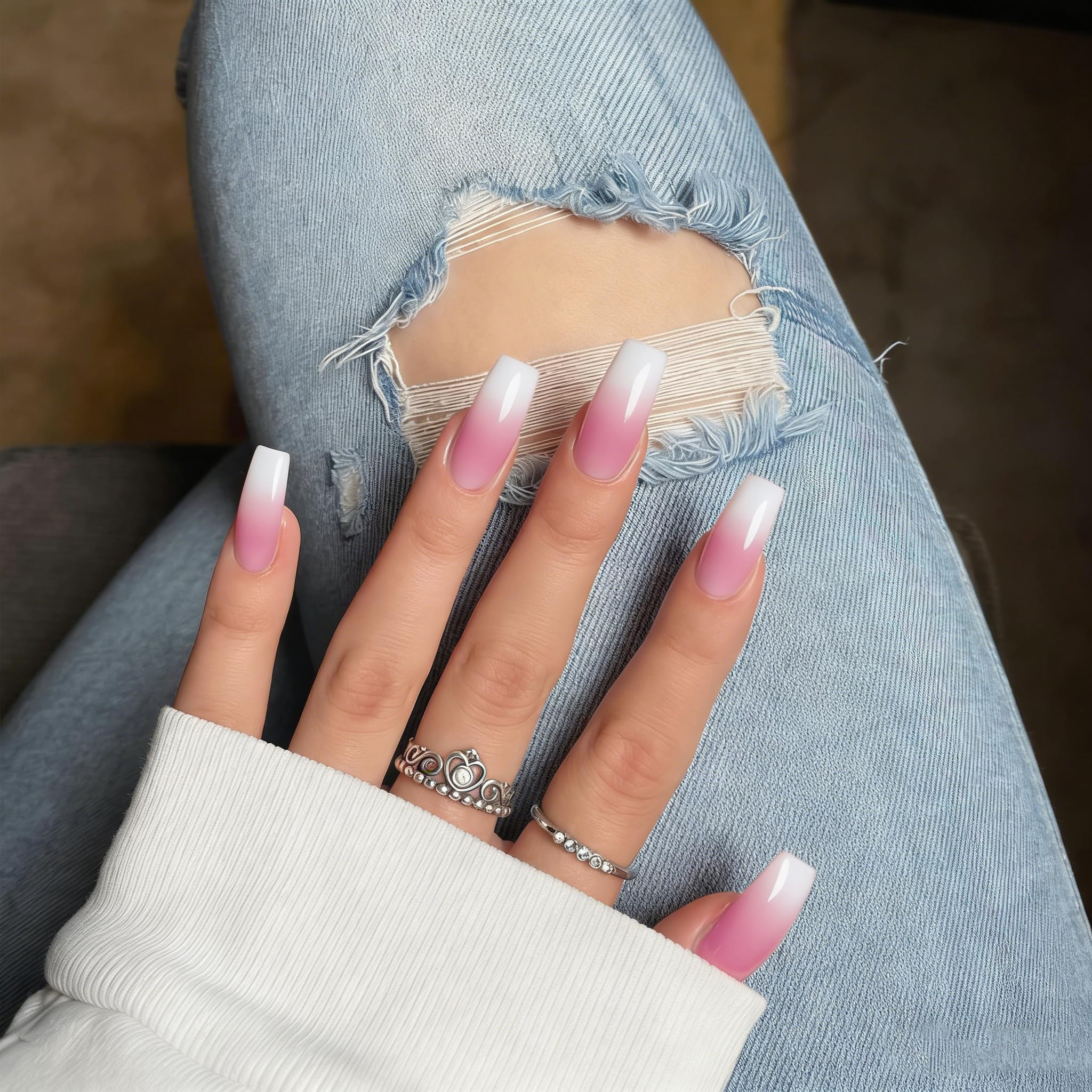 SXVME French Press on Nails Long Square, Ombre Pink False Nails Medium Coffin, Glossy Gel Fake Nails Press on, Gradient Color Square Tip Nails, Sheer Gel Stick on Nail for Women, 24 Pcs