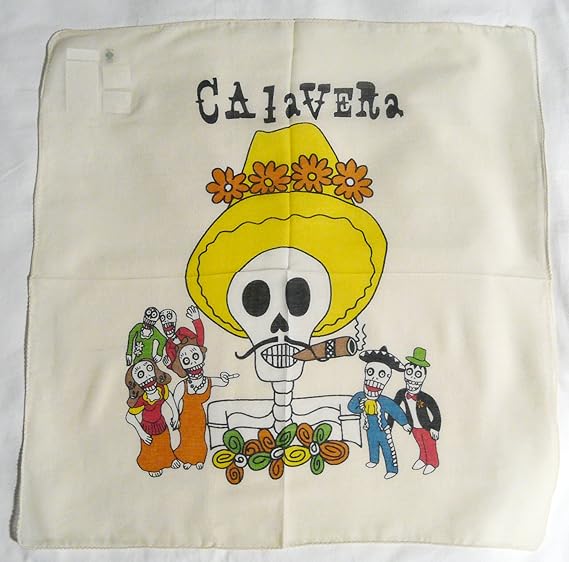 Amazon なんとも可愛いmexicoメキシカンスカル骸骨柄ハンカチーフ生成り ハンカチ 通販