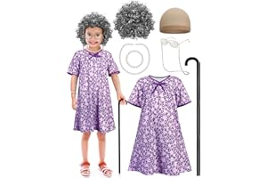 Huskein Old Lady Costume for Kids, Girls 100 Day of School Cosplay Black White Curly Wig Cap Glasses Cane Necklace Bracelet