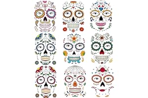 Kotbs 9 Sheets Day of the Died Skeleton Face Tattoo Stickers, Glitter Red Roses Temporary Tattoos for Men and Women - Halloween Costume Accessories and Party Favors
