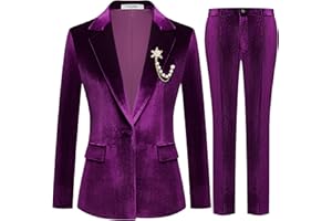 Kelyaa Women's 2 Piece Velvet Suit Notch Lapel One Button Slim Fit Business Party Wedding Tuxedo Blazer Pants Set