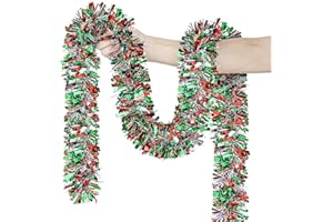 COKOKA 50 FT Christmas Tinsel Garland Christmas Decorations, Red Green Silver Shiny Metallic Twist Xmas Hanging Christmas Garland for Tree Indoor Home Mantel Stairs Railing Fireplace Door Party Outdoor Decor