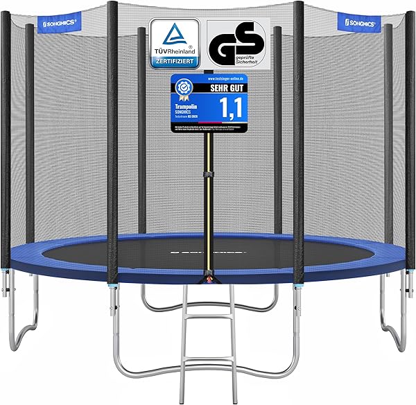 SONGMICS Trampolin Outdoor Ø 183/244/305/366/427 cm, rundes Gartentrampolin Kindertrampolin mit Randabdeckung, mit Sicherheitsnetz, mit Leiter und gepolsterten Stangen