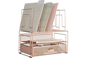 BLU MONACO Workspace Rose Gold Desk Organizers and Storage Accessories Desktop Rack File Organizer with File sorters and Draw