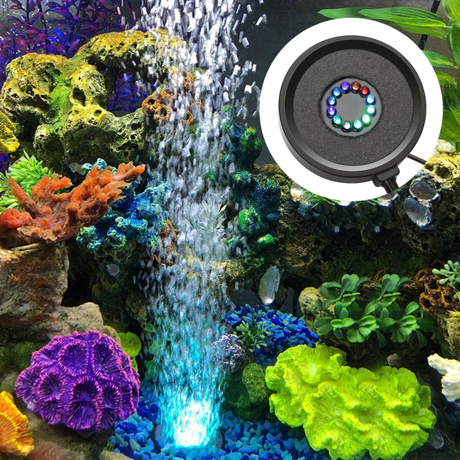 Dxcel LED Aquarium Air Bubble Light Fish Tank Air Curtain Bubble Stone Disk with 6 Color Changing LEDs (L)