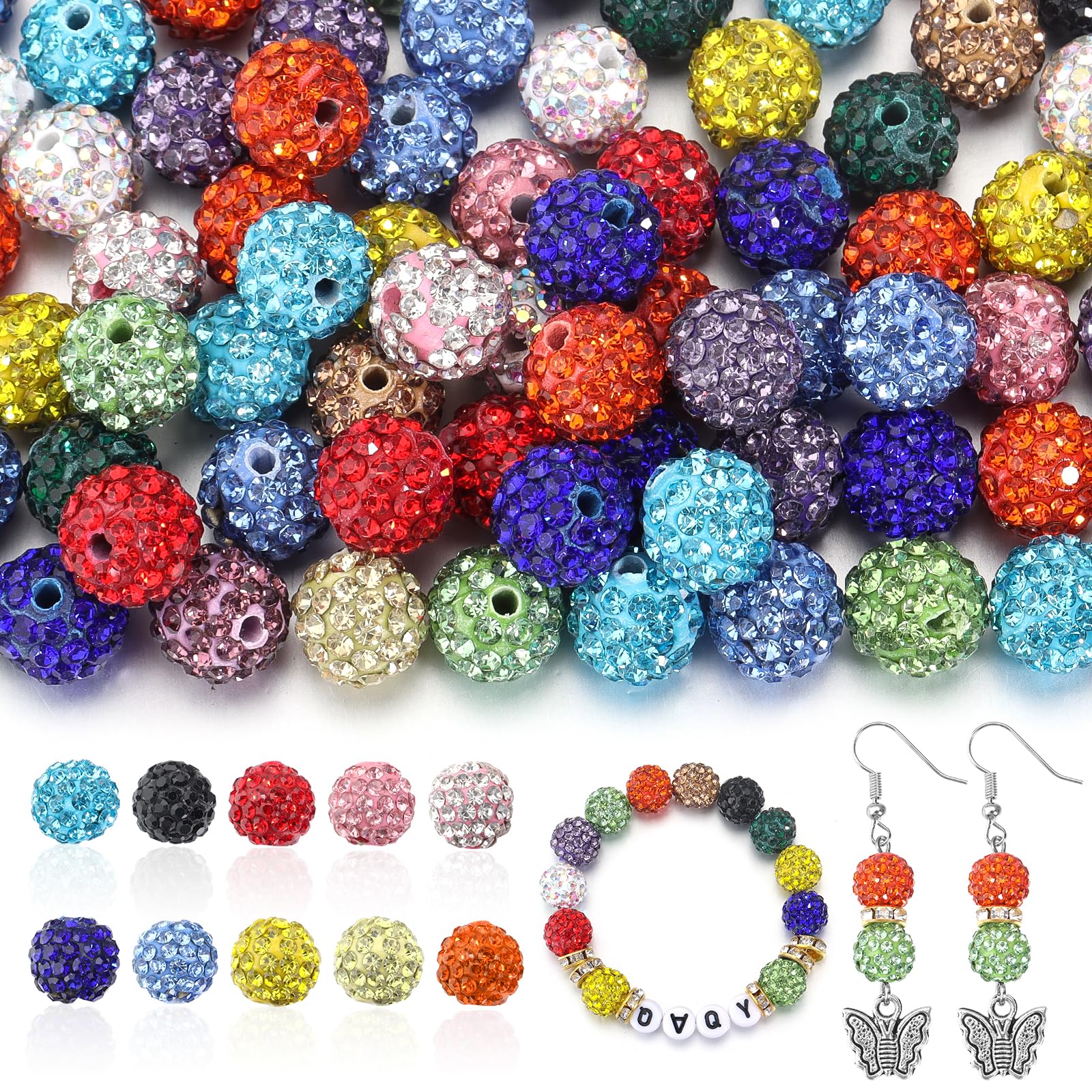 Photo 1 of 100Pcs Rhinestone Beads 10mm for Jewelry Making, Shiny Round Shamballa Disco Beads Bling Sparkle Rhinestone Clay Beads for Necklace Bracelet Earring Making and DIY Decoration(Mixed Color)