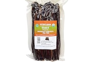 FITNCLEAN HERBS AND SPICES 100 Organic Vanilla Beans Madagascar Grade B for extract, Cooking and Baking. Certified USDA Organic. 5"-7" by FITNCLEAN VANILLA| Whole NON-GMO Bourbon Pods