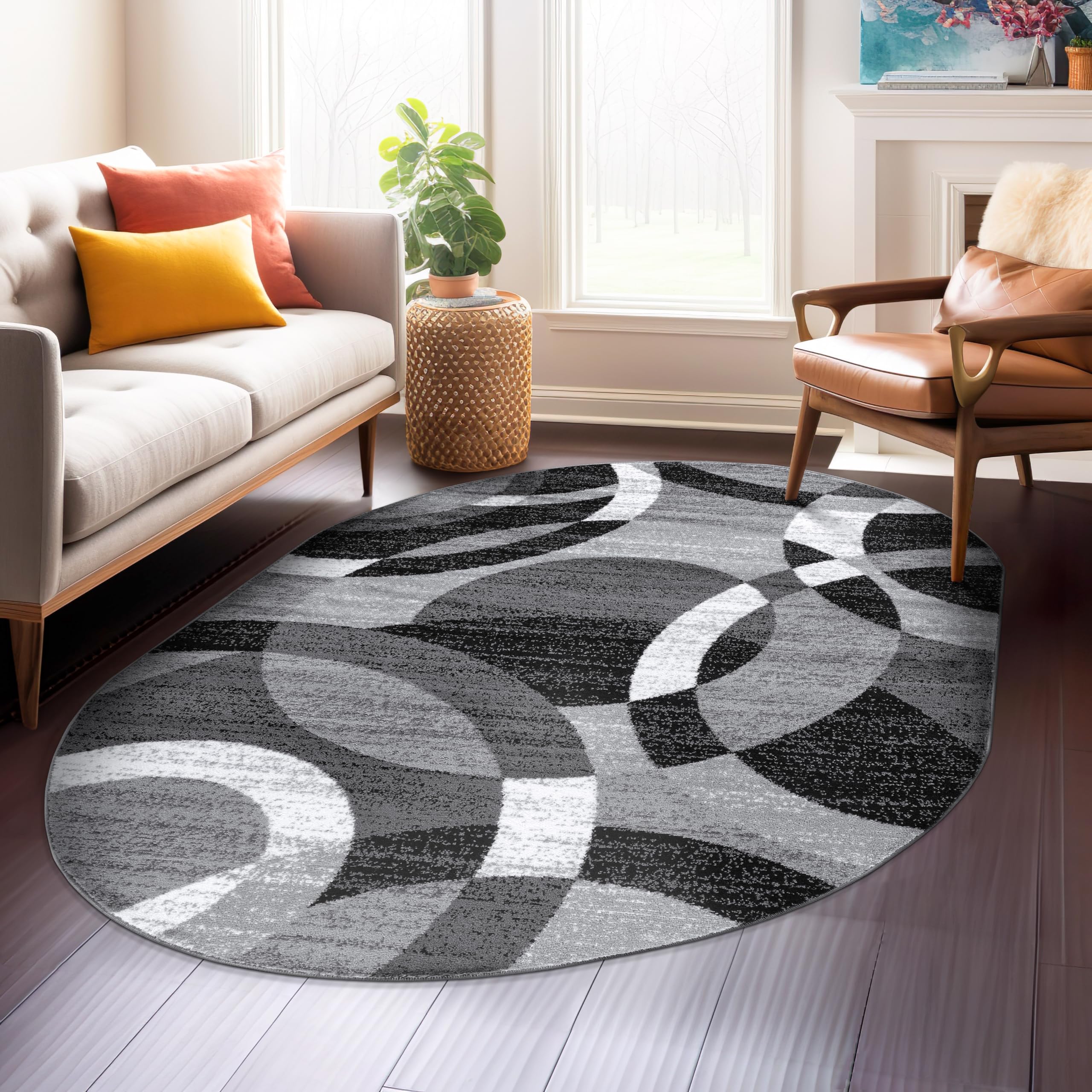 Rugshop Gray Modern Geometric Oval Rug, Abstract Circles, High-Traffic, Non-Shedding, for Living Room, Bedroom and Home Office, 5' x 7' Oval Image