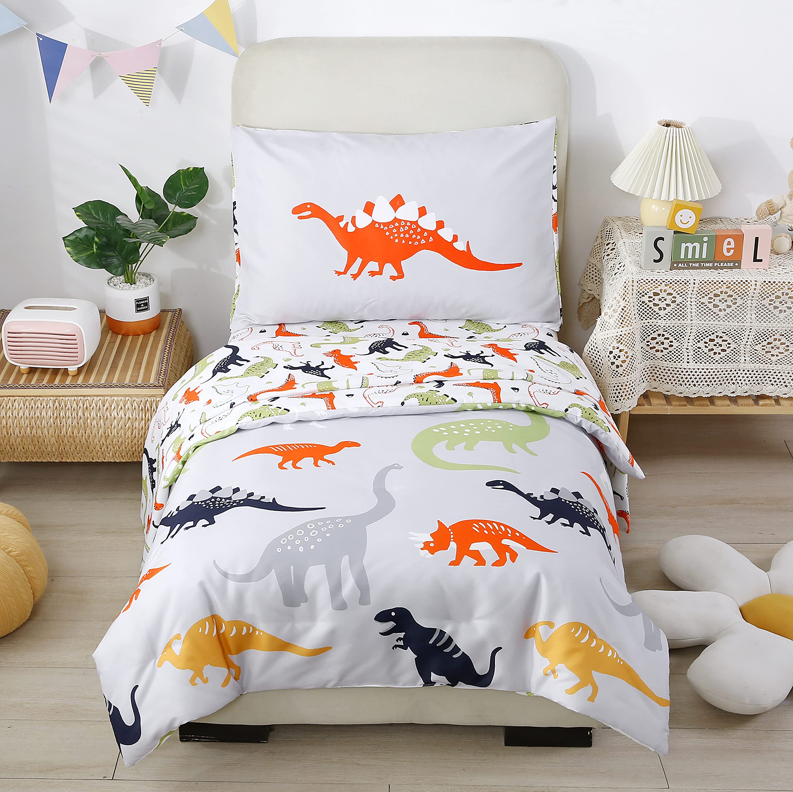 STYHO Kids Dinosaur Print Duvet Cover Set Cartoon Animal Pattern Bedding Set for Boys Junior/Toddler/Cot Bed Matched Pillow Case(Reversible, Grey, Single)