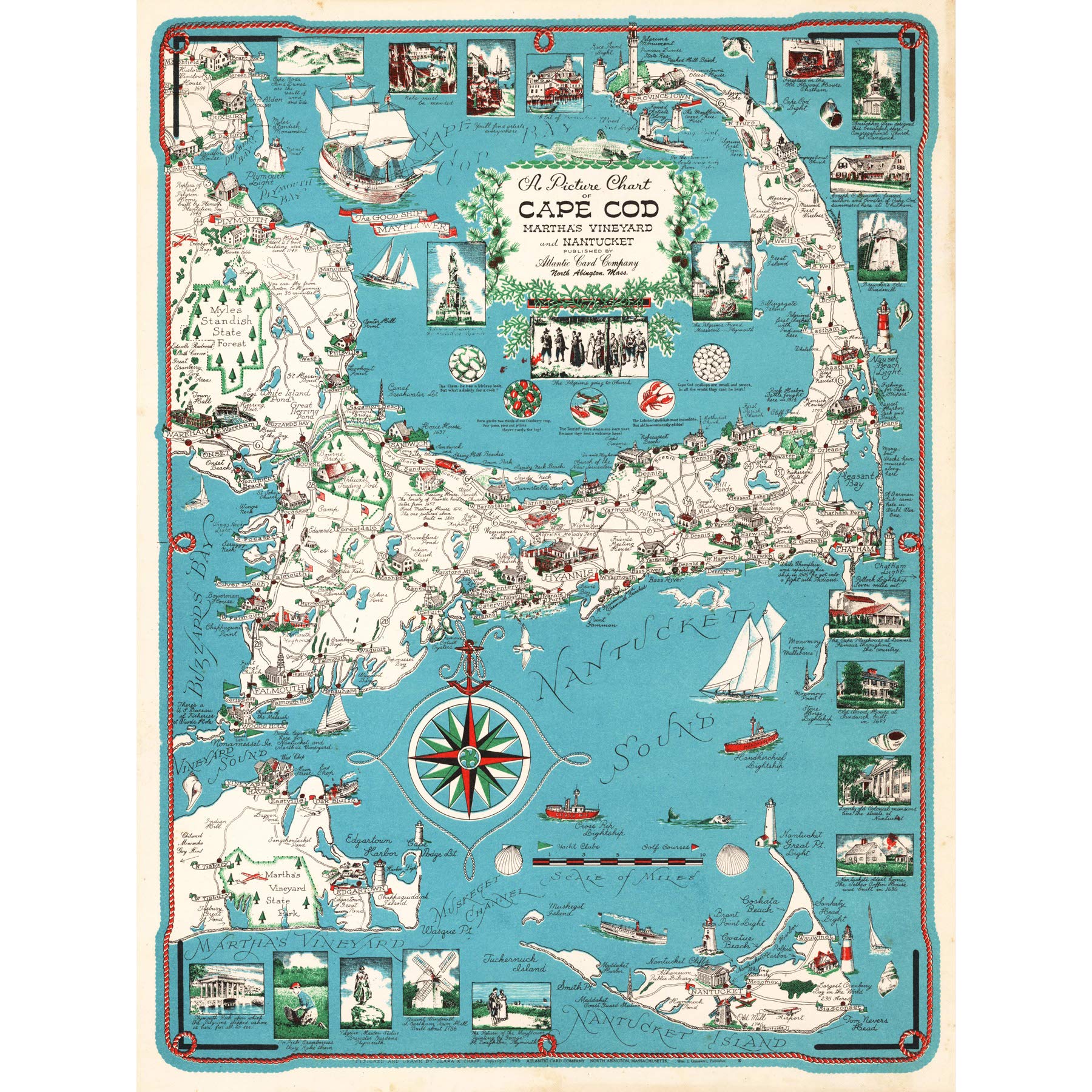 Artery8 Map Chase 1949 Cape Cod Nantucket Massachusetts Pictorial Premium Wall Art Canvas Print 18X24 Inch