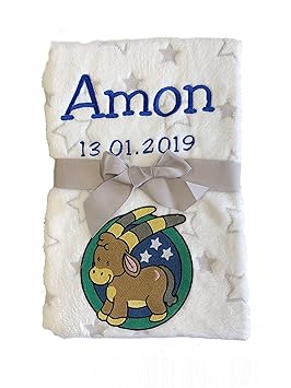 Sternzeichen - Babydecke bestickt mit Name und Geburtsdatum/kuschelig weich (Weiss/Sterne)