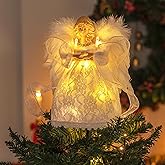 JOYIN 9'' Angel Christmas Tree Topper with Lights, Battery Operated Lightweight White Angel Treetop, Illuminated Ornament for Christmas Tree Decorations, Family, Indoor Home & Xmas Party Decorations