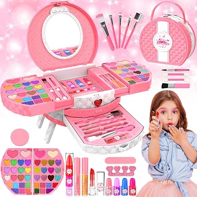 GOLMUD 66 Pcs Kids Makeup Set Portable Stand for Girls 3-12 Years