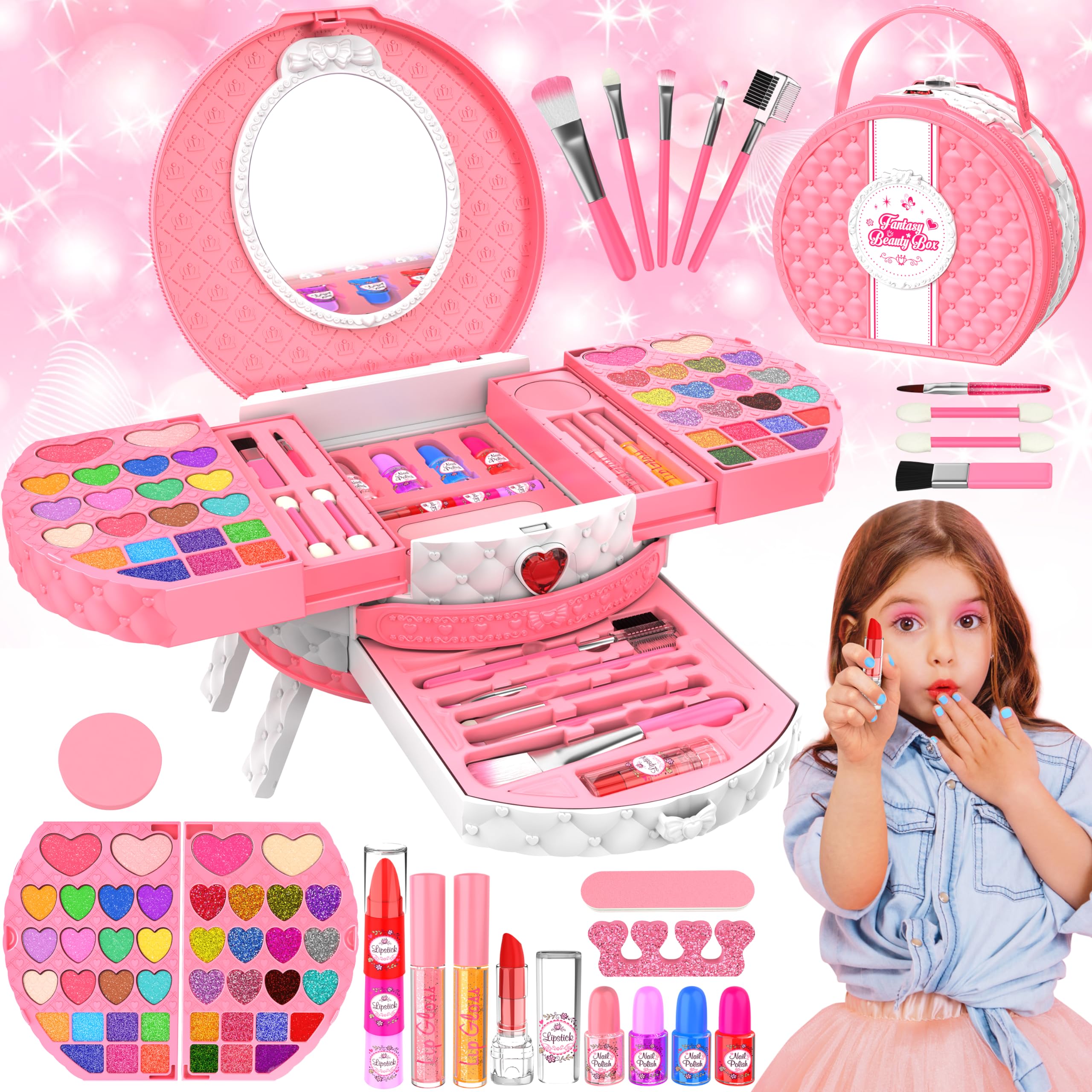 Kids Makeup Kit For Girl 66 Pcs Washable Makeup Set For Little Girls 