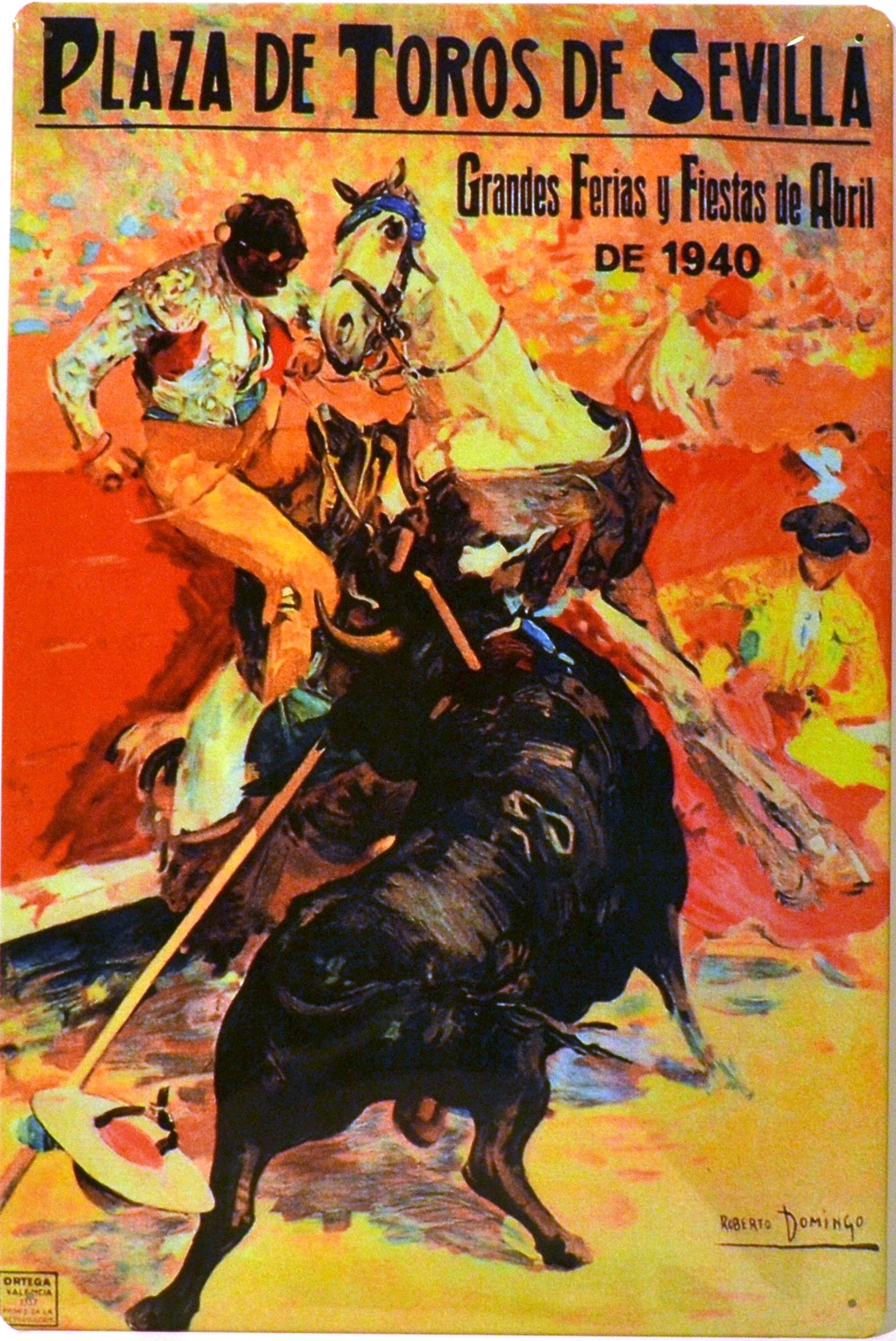 ART ESCUDELLERS Tin poster sign, with retro vintage design from Catalunya/Spain. Tin sign. 19,68" X 13,19" (PLAZA DE TOROS DE SEVILLA 1940) — image 1