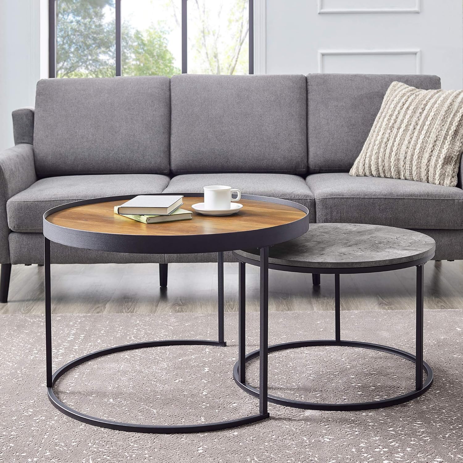 Walker Edison Furniture Company Modern Industrial Wood Round Coffee Nesting Tables Living Room Accent Ottoman Storage Shelf, 30 Inch, Reclaimed Barnwood Brown: Furniture & Decor