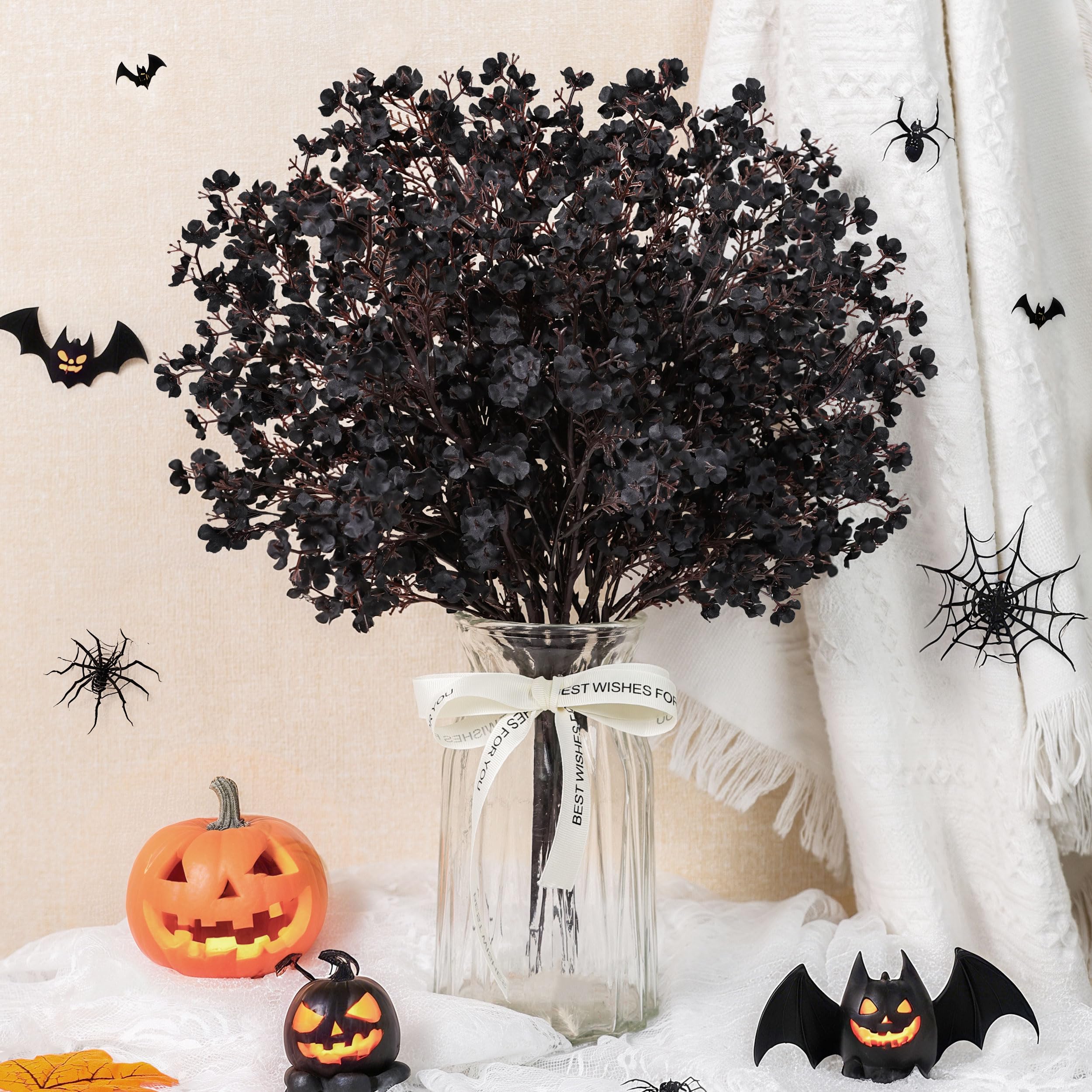 Photo 1 of Der Rose 10Pcs Halloween Flowers Artificial Black Baby Breath Artificial Flowers Real Silk Floral Arrangement Stems for Halloween Table Centerpieces Home Kitchen Mantle Porch Gothic Decorations