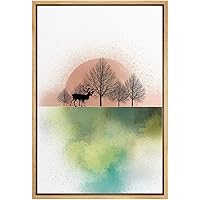 SIGNWIN Framed Canvas Print Wall Art Moose in Multicolor Green Silhouette Forest Nature Animals Digital Art Modern Art Minimalist Landscape Fun for Living Room, Bedroom, Office - 16