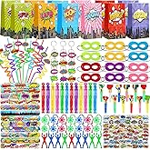 We1stdsee 158Pcs Hero Party Favors - for 12 Guests, Hero Birthday Party Supplies, with Mask Straw Slap Bracelets Keychain Party Blowers Stickers Sticky Hands for Goodie Bag Stuffer, Pinata Filler