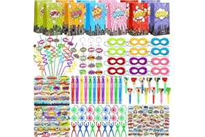 208Pcs Hero Party Favors for Kids 4-8, One-Stop 12 Guests Set, Goodie Bags stuffers Mask Straw Slap Bracelets Keychain Party 